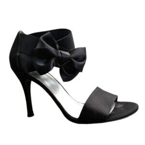 Stuart Weitzman Black Satin Bow Sandal with Elastic Bands | 4" Heel | Size 8.5